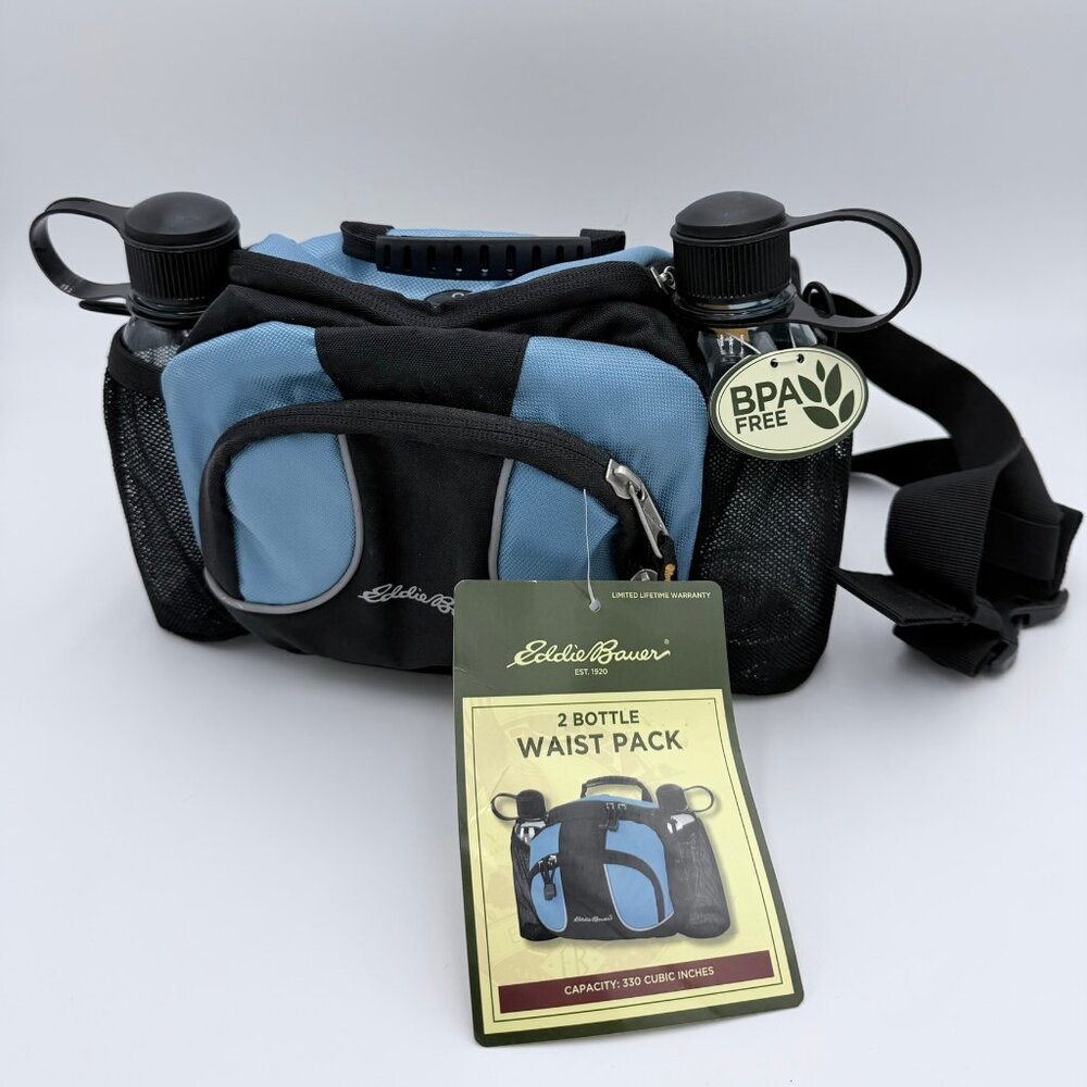 NEW Eddie Bauer 2 Bottle Waist Pack Blue Black, 330 cu Adjustable Straps, Hiking